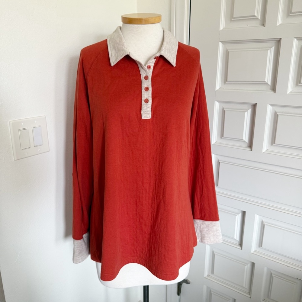 Duluth Trading Company Half Button Polo Shirt Orange Oatmeal Long Sleeve Sz 2XL